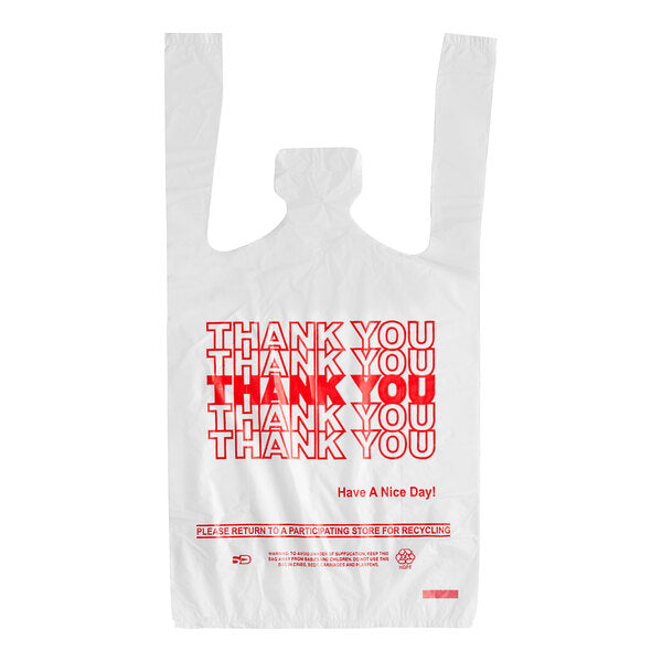 Choice 1/8 Small Size White "Thank You" Standard-Duty Plastic T-Shirt Bag - 1,000/Case